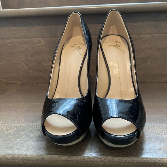Giuseppe Zanotti Heels Women 36 US 6 Black Tan Patent Leather Peep Toe READ - Picture 3 of 16